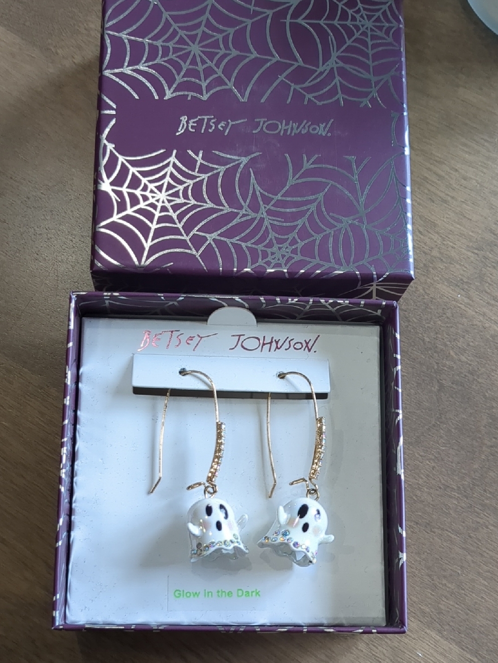 Betsey Johnson White & Gold Ghost Drop Earrings with Crystals